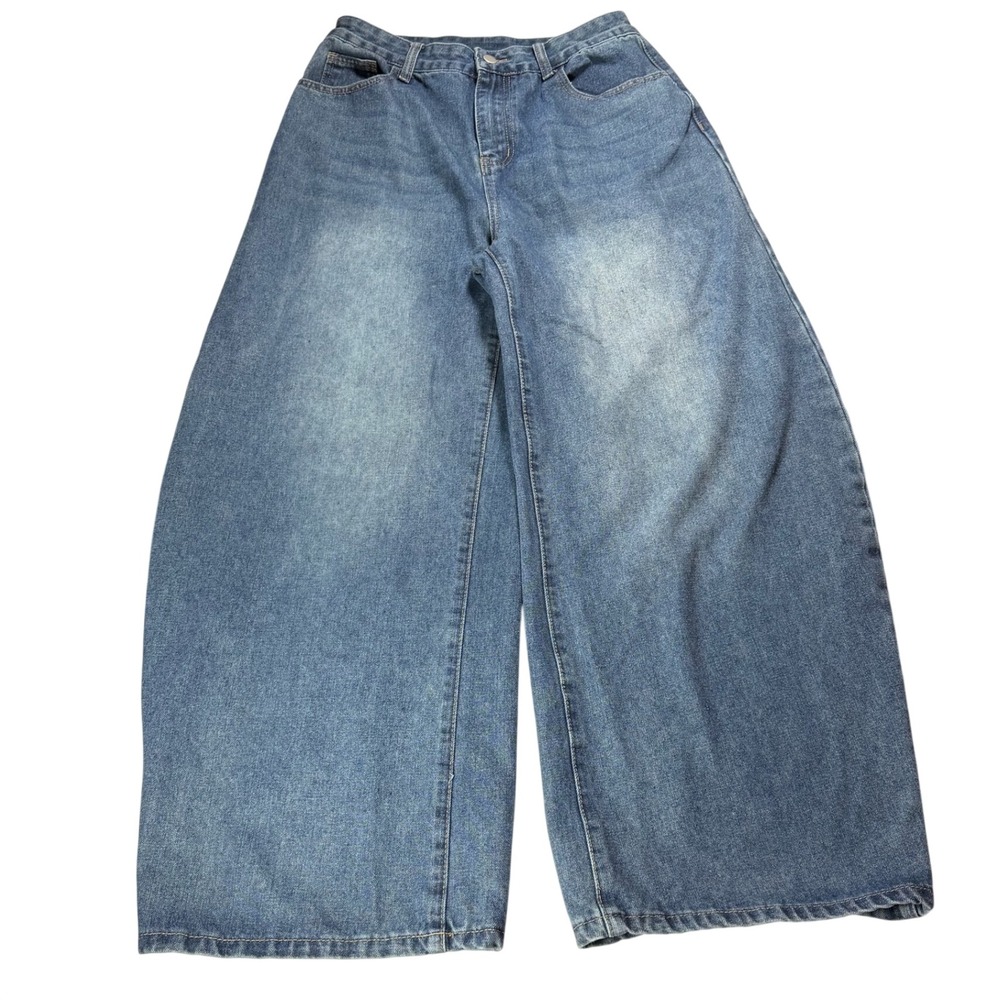 Dazy Womens High Waisted Wide Leg Jeans Medium Wash Denim Size L